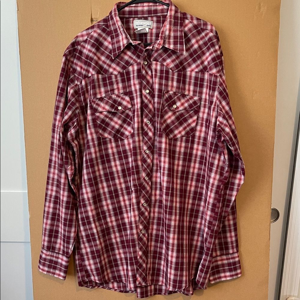 Wrangler Men's Burgundy Plaid Button-Down Shirt Pearl Snaps Long Sleeve 2XL/L